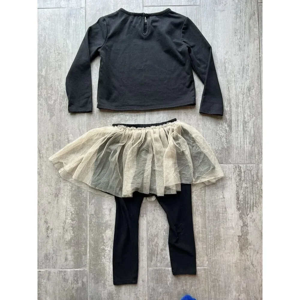 BCBG Girls Black Gold Pants Leggings Tutu Skirt & Top Outfit 2 Piece Set 5T